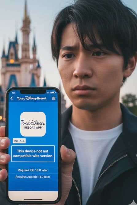 ディズニーリゾートで、アプリがスマートフォンのOSバージョンに対応していないというエラーメッセージが表示され、困惑している日本人男性。