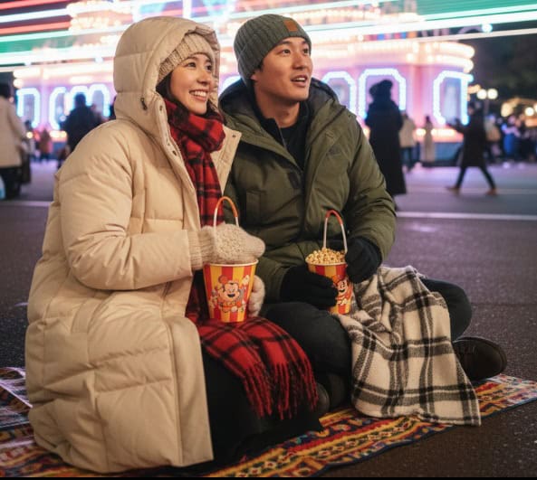  11月の夜、ディズニーランドのパレードルートに座ってポップコーンを食べながらショーを待つ若いカップル。女性はクリーム色の厚手のダウンジャケットに赤いチェックのマフラー、男性はカーキのダウンジャケットにニット帽を着用し、膝にはブランケットをかけている。