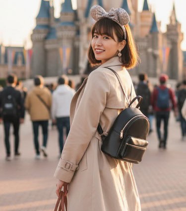 ディズニーランドのシンデレラ城を背景に、ベージュのトレンチコートと花柄スカートを着用し、小さめの黒いリュックとトートバッグを持った日本人女性が笑顔で振り返っている