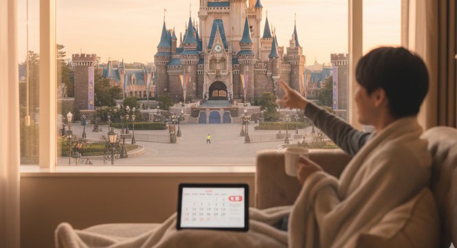 窓から見えるディズニーランドの城を眺めながら、タブレットでホテルの予約カレンダーをチェックする日本人女性