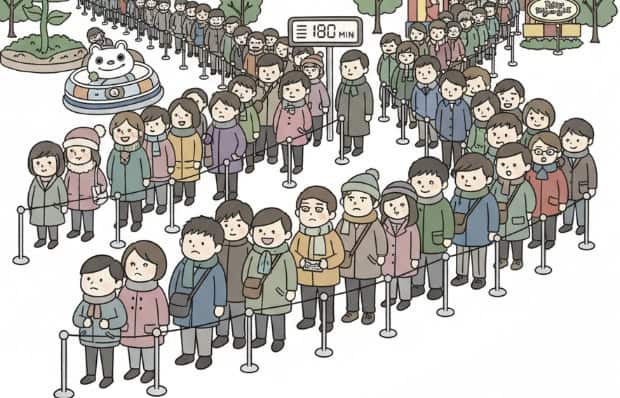 大晦日のディズニーリゾートで、人気アトラクションに長蛇の列ができている様子を描いたイラストです