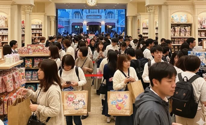 閉園間際のディズニーランドのお土産ショップで大勢の日本人ゲストが買い物をしている様子