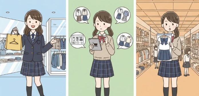 なんちゃって制服の購入場所を比較検討する女子学生のイラスト。実店舗、オンラインストア、量販店をそれぞれイメージできる