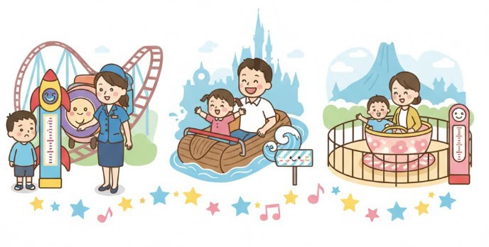 ディズニーランドのアトラクションに乗るために、身長を測っている男の子とアトラクションを楽しむ家族のイラスト