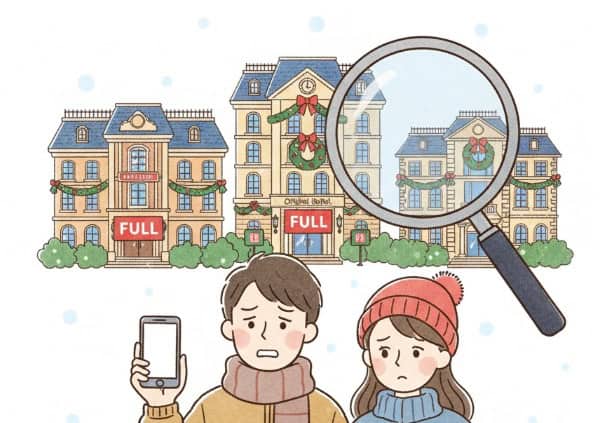  11月・12月のホテル混雑を前に、カレンダーを見ながら予約の計画を立てるカップルのイラスト。