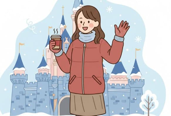冬のディズニーランドで、日本の若い女性がダウンジャケットとマフラー、手袋、ブーツを着用し、温かい飲み物を持って笑顔で立っている。背景には雪景色のお城が見える。
