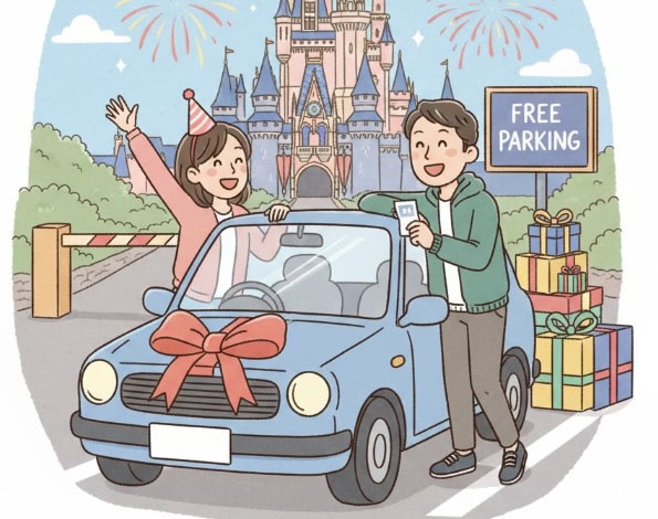 誕生日のカップルが無料駐車場のディズニーランドに入場する様子を描いたイラスト