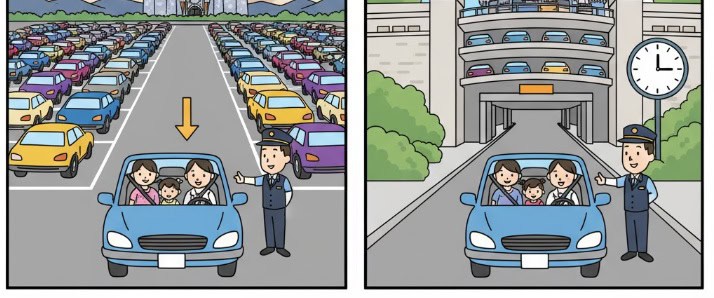 ディズニーランドの立体駐車場とR7駐車場の開場時間と、それに伴う案内先の違いを示す簡易イラスト。早朝はR7駐車場、7時頃は立体駐車場に案内される様子を描写。