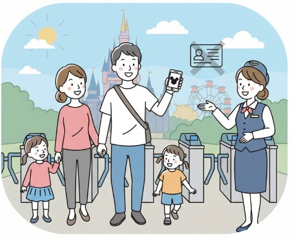 ディズニーの入園ゲートでスムーズに入場する日本人家族と、本人確認がない様子を表す簡易的なイラスト。