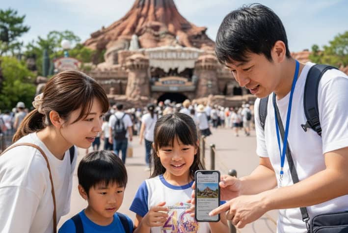 ビッグサンダー・マウンテンを背景に、家族が東京ディズニーリゾート・アプリでプライオリティパスを取得している様子。父親がスマホを操作し、子供たちが興味津々で見ている。