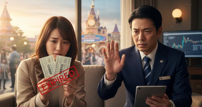 ホテルのラウンジらしき場所で、有効期限切れのスタンプが押された株主優待パスポートを手に悲しむ日本人女性と、タブレットを手に「期限切れの延長はできない」と伝える男性。背景には東京ディズニーランドの風景と、テレビ画面に株価チャートが映し出されている。