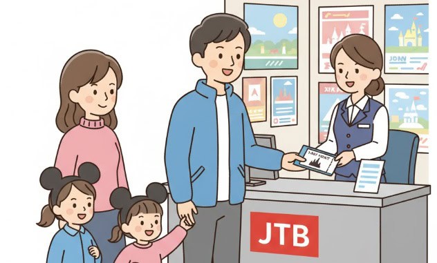 JTBのカウンターでディズニーチケットを受け取る日本人の家族。後ろには旅行先のポスターが飾られています。