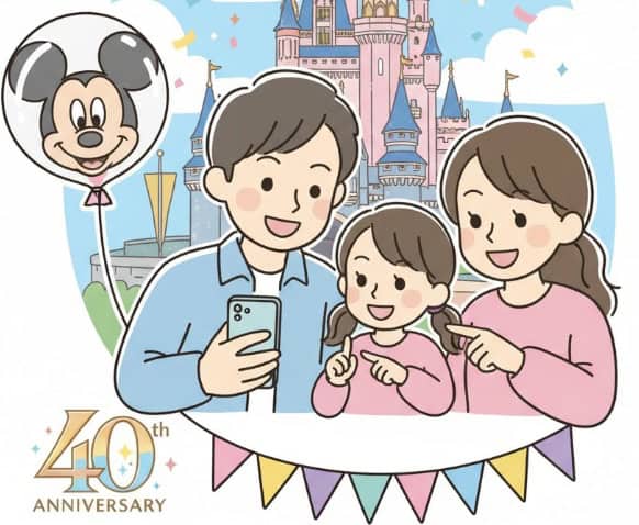 東京ディズニーリゾートの40周年を記念したプライオリティパスを楽しむ家族のイラスト