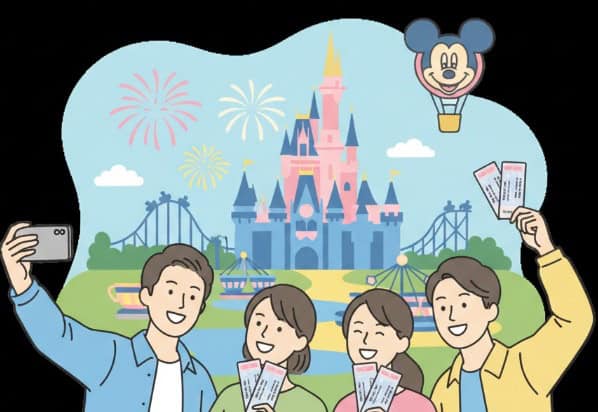 福利厚生のディズニーチケット割引を使い、ディズニーランドを楽しむ日本人社員のグループ。