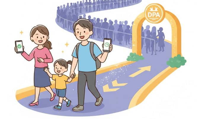 ディズニープレミアアクセスを利用して長い行列を避けている家族のイラスト