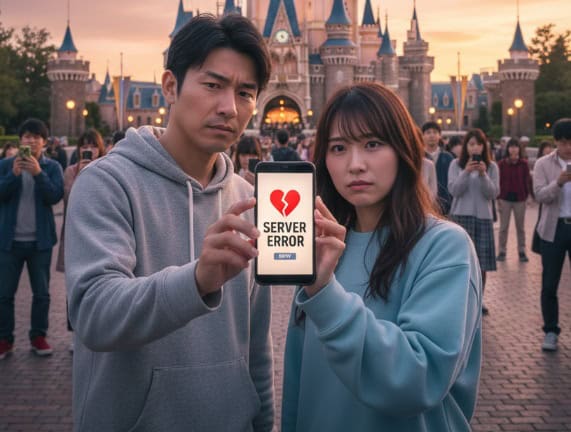 ディズニーリゾートでスマートフォンにサーバーエラーが表示され、肩を落とす日本人カップル。背景にはシンデレラ城があり、多くの来園者がスマートフォンを操作している。