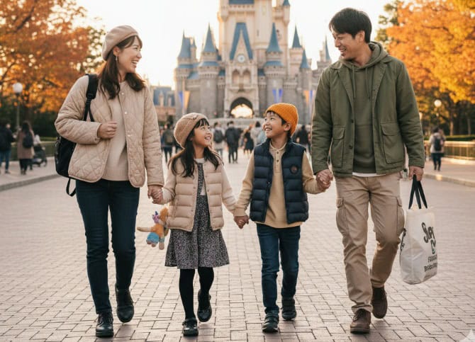 11月のディズニーランドでシンデレラ城を背景に歩く家族。子供たちは暖かそうなアウターと帽子を着用し、笑顔で両親と手をつないでいる。母親はキルティングジャケット、父親はカジュアルなジャケットを着ており、秋のディズニーを楽しんでいる様子。