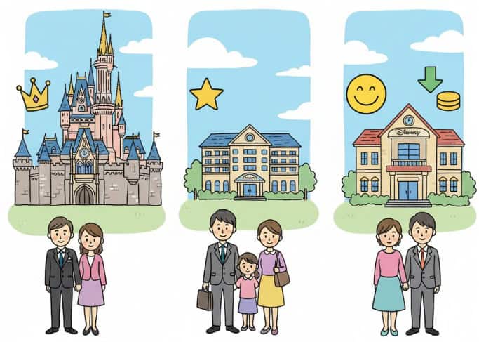 「Disneyホテル」のロゴの下に、3つのディズニーホテルが描かれ、それぞれ異なる価格帯と顧客層（カップル、家族など）を示しているイラスト