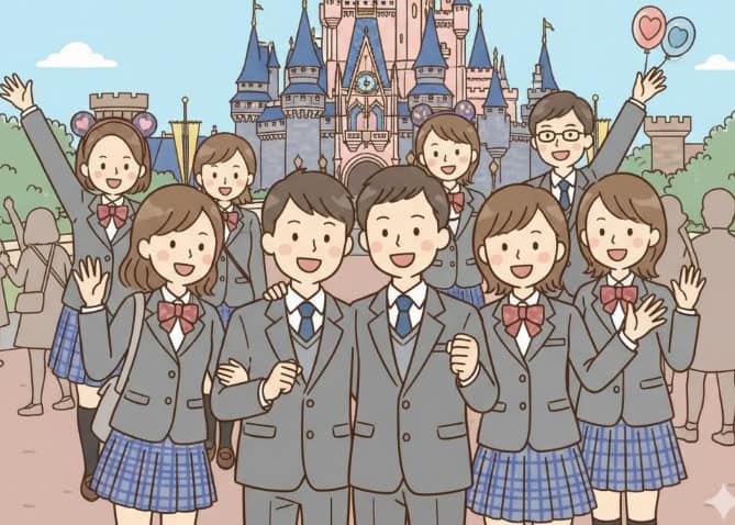 制服を着てディズニーを楽しむ、多様な年代の日本人グループの簡易的なイラスト