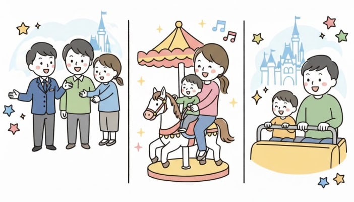  7歳未満の子供がアトラクションを利用する際に、16歳以上の同伴が必要なことを示すディズニーランドのイラスト