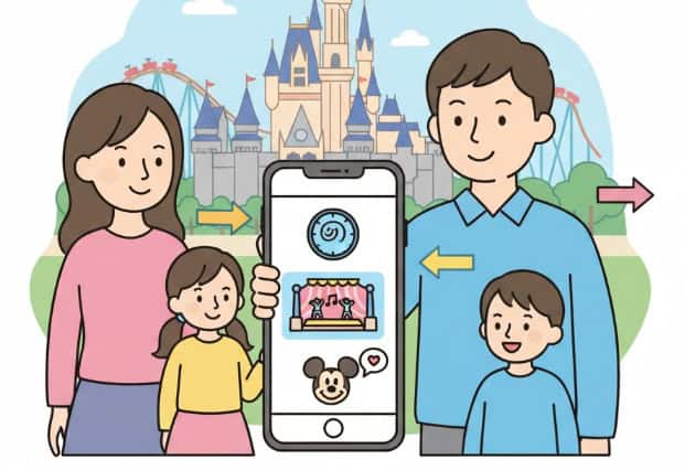 東京ディズニーランドで公式アプリを使って混雑状況を確認する日本人家族のイラスト