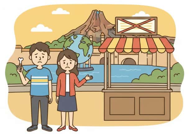 東京ディズニーシーでテリヤキチキンレッグが販売終了し、残念がる日本人カップルのイラスト