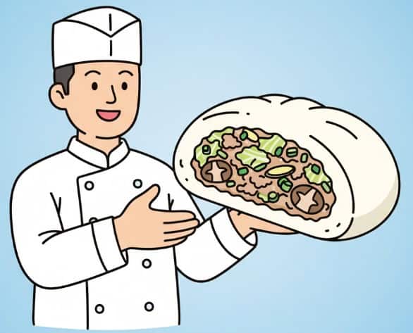 日本人のシェフがギョウザドッグの断面を見せているイラスト。豚ひき肉、キャベツ、ニラ、長ネギ、しいたけ、しょうがなどの具材が確認できる。