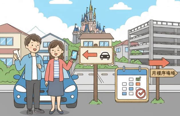 スマートフォンで駐車場を予約し、ディズニーランド周辺の個人宅の駐車場へ向かうカップルのイラスト