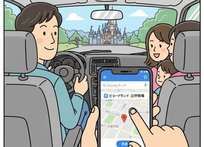 ディズニーランドの立体駐車場をGoogle Mapsでナビ設定している車内の簡易イラスト。ドライバーがスマートフォンで目的地を設定している様子を描写。