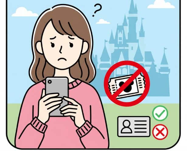 ディズニーのチケットが本人しか使えず、困惑している日本人女性の簡易的なイラスト。