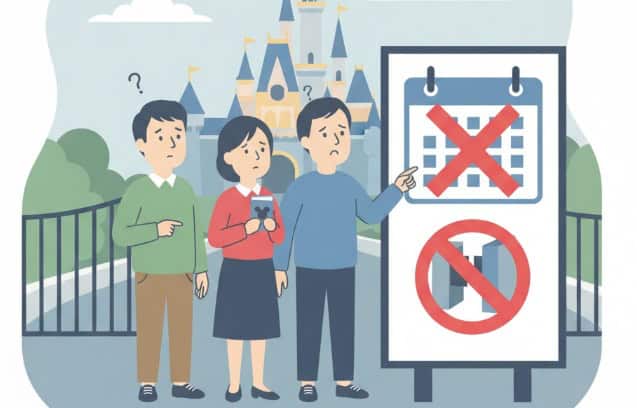 ディズニーの株主優待券が使えない日があり、パーク前の看板を見て困っている人々のイラスト