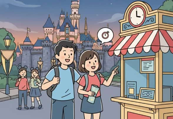 閉園間近のディズニーランドのエントランス。カップルが当日券売り場を指さしている。