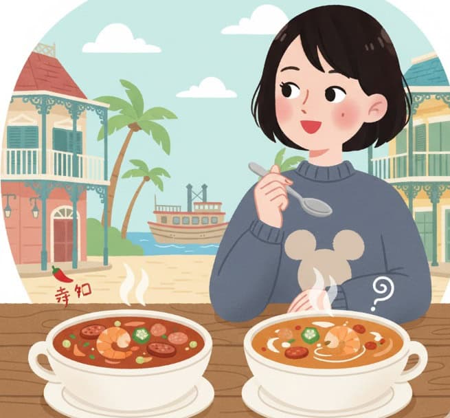 ディズニーランドでガンボスープを食べる日本人女性