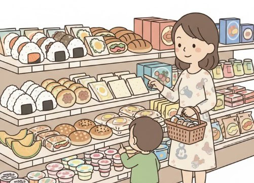 ディズニーランドホテルの「ルッキンググラス・ギフト」で朝食の商品を選んでいる日本人のイラスト。おにぎり、サンドイッチ、パン、ヨーグルトなどが並べられている様子。