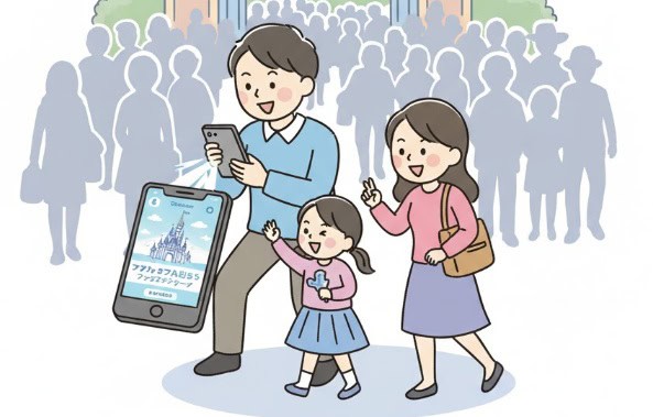 開園と同時にスマートフォンでアナとエルサのフローズンジャーニーのディズニープレミアアクセスを取得する家族のイラスト