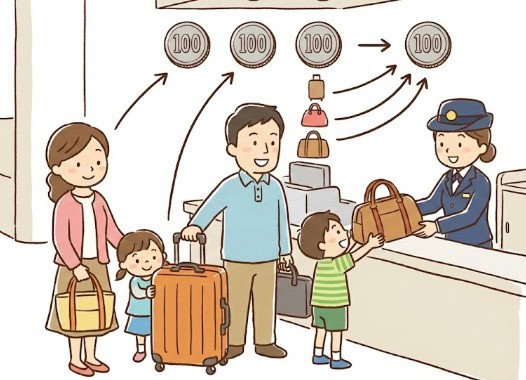 ディズニー旅行でステーションデリバリーサービスを利用する家族のイラスト。荷物の大きさに関わらず料金が一律であることを示しています。