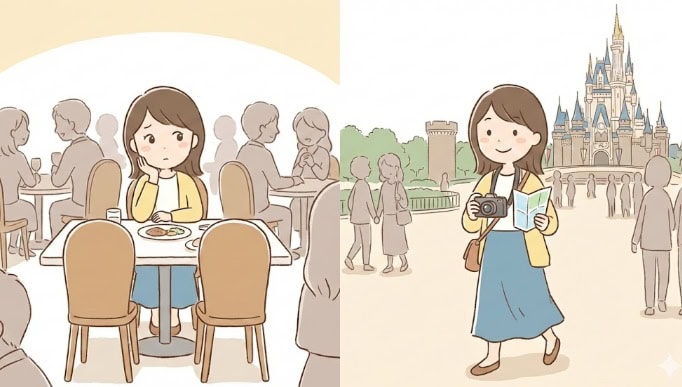 ディズニーランドで一人で食事をする女性の不安と、カメラを持って自由にパークを楽しむ女性の笑顔を描いた対比イラスト。
