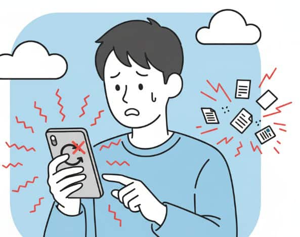 スマートフォンを操作中にエラーメッセージが表示され、困惑している男性のイラスト