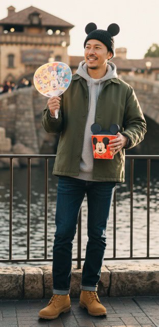 11月のディズニーシーで橋を背景に立つ男性。ミッキーマウスの耳付きニット帽を被り、カーキのジャケットの中にグレーのパーカーを着て、デニムパンツとベージュのブーツを合わせている。片手にはミッキーのポップコーンバケット、もう片手にはキャラクターのミニうちわを持っている。