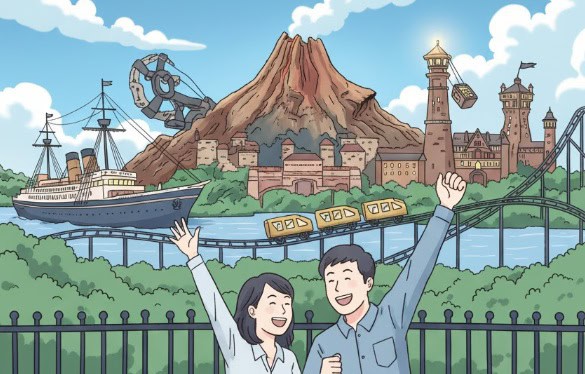 明るいディズニーシーの風景と楽しむ人々
