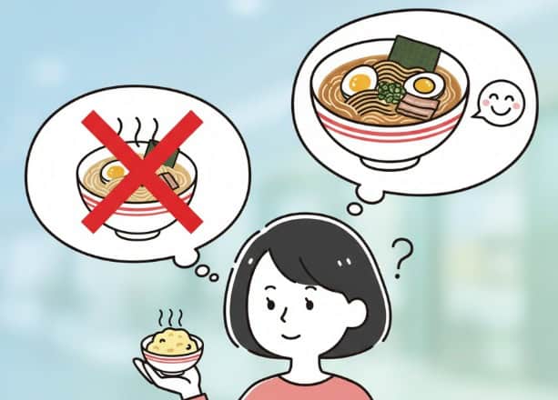 ミニラーメンの味が良いか悪いか悩む日本人の女性のイラスト