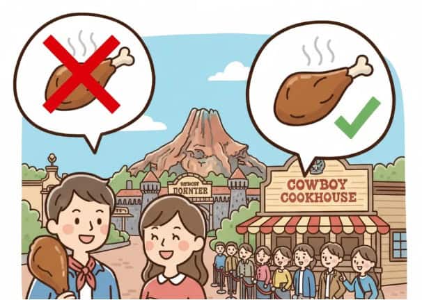 SNSでスモークターキーレッグ販売中止のデマ情報を見て困惑する日本人カップルのイラスト