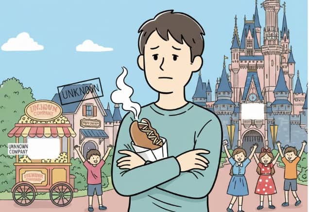 ディズニーランドのシンデレラ城を背景に、ギョウザドッグを持った日本人の男性が首を傾げているイラスト。ギョウザドッグの製造元が不明であることを表現している。