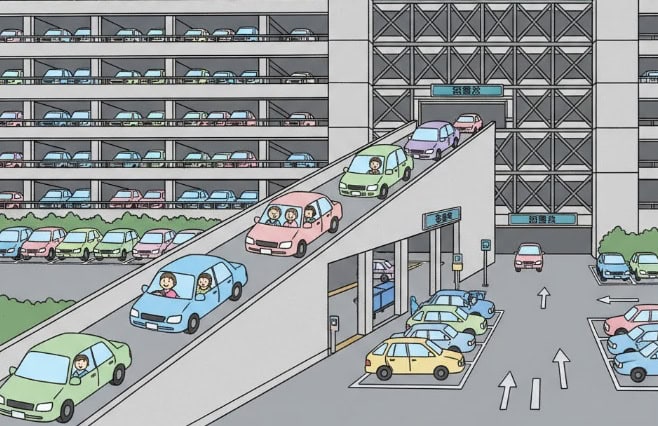 ディズニーランドの立体駐車場へ車で向かう日本人の家族。駐車場には多くの車が停まっている様子が描かれています。