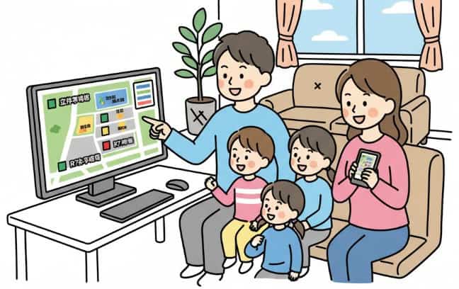 自宅でパソコンやスマートフォンを使い、東京ディズニーリゾート公式サイトで駐車場の混雑状況を確認している家族の簡易イラスト。事前に情報を確認する様子を描写
