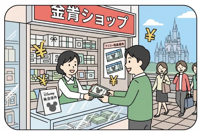 金券ショップでディズニーの株主優待パスポートが売買されている様子を示す簡易的なイラスト。