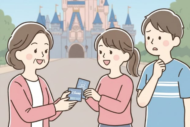 ディズニーのパスポートを他人（友人）にプレゼントしているイラスト