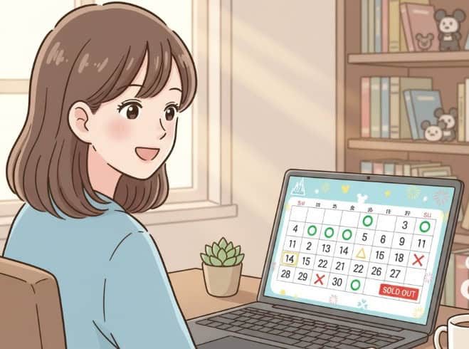 自宅でパソコンを開き、ディズニーチケットの空き状況を確認している女性。カレンダーには「〇」「△」「×」と表示されている。