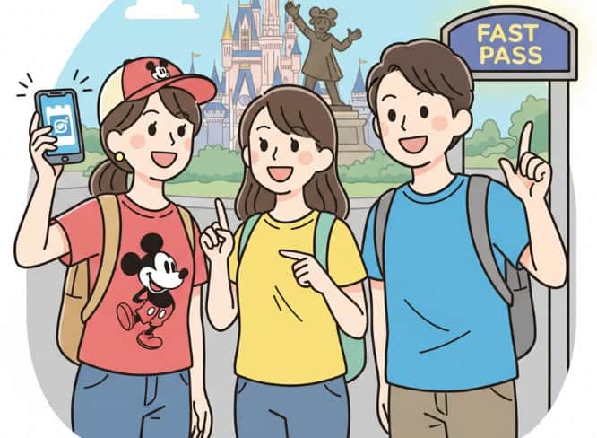 ディズニーのスタンバイパスについて説明する3人の日本人グループのイラスト。背景にはシンデレラ城が見え、一人がスマートフォンを、もう一人がスタンバイパスの看板を指さしている。