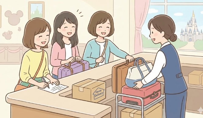 ディズニーホテルのカウンターでホームデリバリーサービスを利用し、荷物を預ける女性グループのイラスト